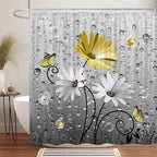 Rustic Farmhouse Yellow Floral Shower Curtain, Farm Daisy Flowers and Butterfly Shower Curtain for Bathroom, Country Yellow Gray Fabric Boho Shower Curtain Set with 12PCS Hooks, 70X70IN