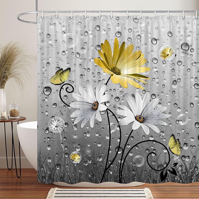 Rustic Farmhouse Yellow Floral Shower Curtain, Farm Daisy Flowers and Butterfly Shower Curtain for Bathroom, Country Yellow Gray Fabric Boho Shower Curtain Set with 12PCS Hooks, 36X70IN