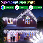 82ft 792 LED 176 Drops Christmas Lights, Outdoor Hanging lights with 8 Modes and Timer Memory, Plug In Outside Waterproof Curtain String Lights for House Fence Tree Holiday Decorations (Cool White)