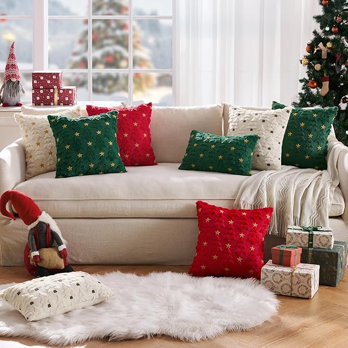 MIULEE Christmas Pillow Covers 18x18 Inch Set of 2, Red Christmas Tree Plush Faux Fur Pillowcases Soft Decorative Throw Pillow Cases for Couch Sofa Living Room Winter Xmas Holiday Home Decor