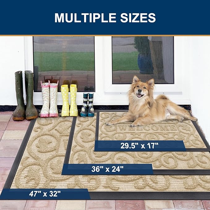Smiry Welcome Door Mat Outside Entrance, Heavy Duty Trap Dirt and Moisture Easy Clean Low Profile Patio Porch Indoor Outdoor Front Doormat for Entry, 36x24 Inch, Beige/Welcome