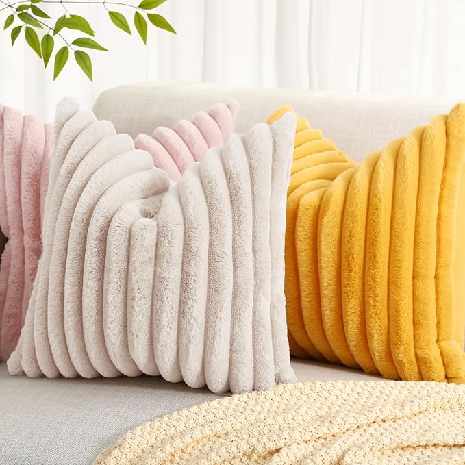 decorUhome Faux Fur Throw Pillow Covers 22x22 Set of 2, Decorative Soft Plush Striped Neutral Couch Euro Pillow Covers with Velvet Back for Sofa, Bed, Living Room Home Decor, Beige