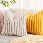 decorUhome Faux Fur Throw Pillow Covers 18x18 Set of 2, Decorative Soft Plush Striped Neutral Couch Euro Pillow Covers with Velvet Back for Sofa, Bed, Living Room Home Decor, Beige