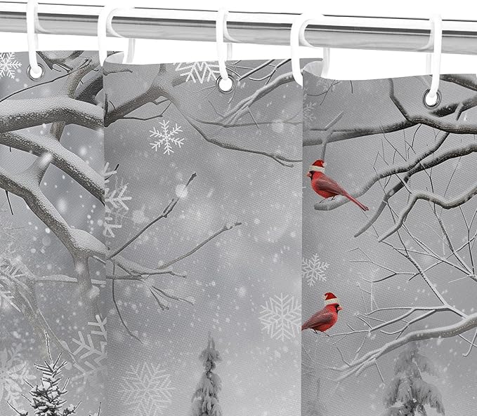 Winter Christmas Snowman Shower Curtain, Grey Winter Forest Cardinal Snowflake Holiday Farmhouse Xmas Shower Curtain Set for Bathroom Accessories Rustic Christmas Decorations with Hooks 72"X72"
