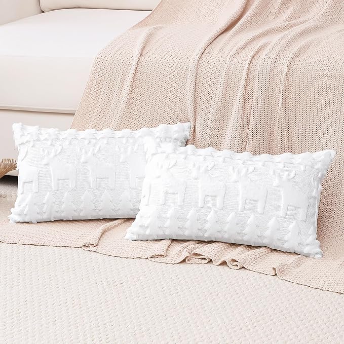 OTOSTAR Set of 2 Xmas Soft Plush Short Wool Velvet Decorative Throw Pillow Covers Rectangular Luxury Style Cushion Case Pillow Shell for Sofa Bedroom Christmas Tree and Elk White, 16x24 Inch