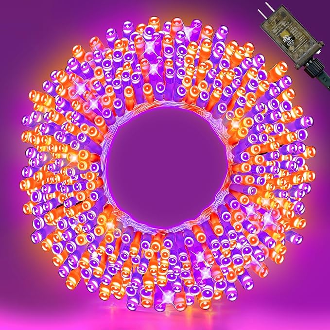 70 ft Purple-Orange LED String Lights – 210 LEDs on Transparent Wire, Waterproof & Connectable Holiday Décor – Spooky Halloween & Warm Christmas Ambiance