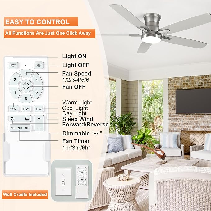 YUHAO 52 Inch Flush Mount Brushed Nickel Ceiling Fan with Light and Remote Control.Noiseless,Dimmable,3CCT,6 Speeds Reversible, Low Profile DC Ceiling Fans for Indoor Use