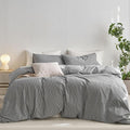MooMee Striped Duvet Cover Set 100% Washed Cotton Linen Like Textured Breathable Durable Soft Comfy (Dark Grey White Wide Stripes, Twin 68"x90")