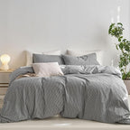 MooMee Striped Duvet Cover Set 100% Washed Cotton Linen Like Textured Breathable Durable Soft Comfy (Dark Grey White Wide Stripes, Twin 68"x90")