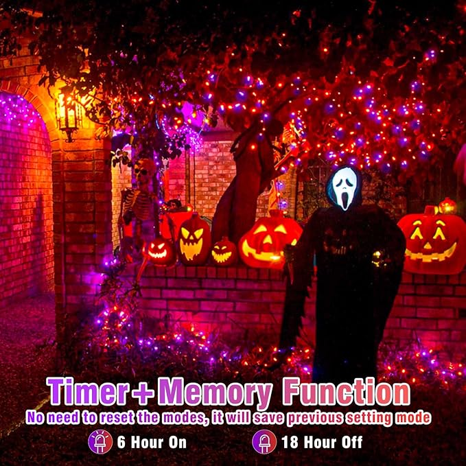 Vivideal 300 LED Halloween Lights Outdoor, 100ft Halloween String Lights Indoor Clear Wire 8 Modes Waterproof Plug in Christmas Light for Tree Party Garden Decorations, Purple&Orange