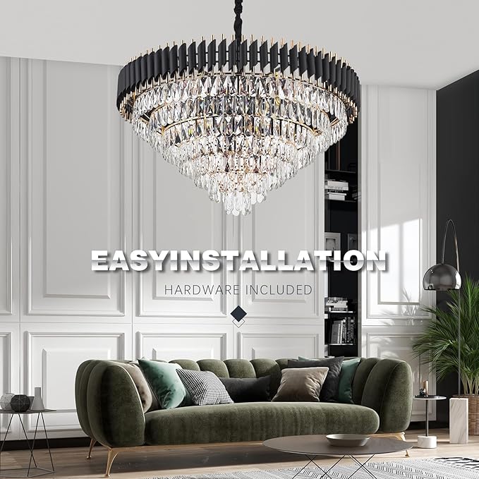 7-Tier Black Gold Crystal Chandelier 35.5’’ 18-Light Modern Crystal Pendant Chandelier Ceiling Light Fixture Hanging Lighting for Living Room Villa Restaurant Foyer High Ceiling