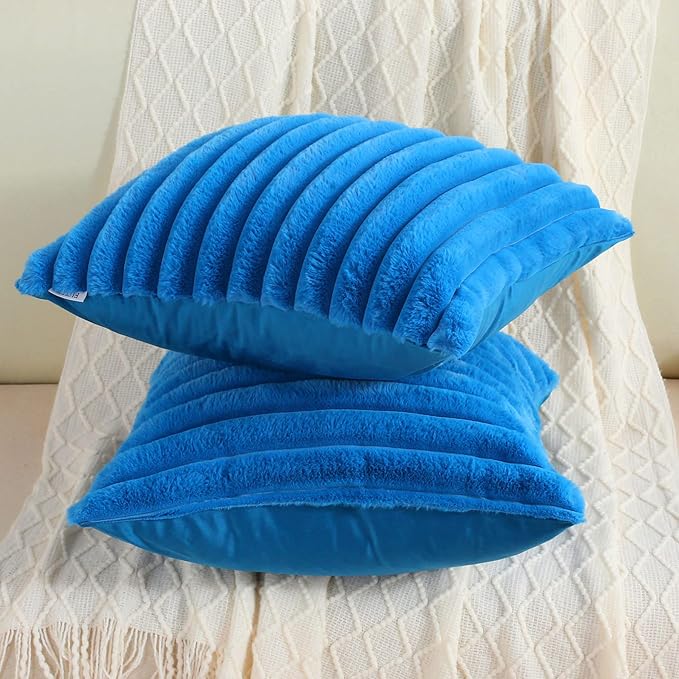 FUTEI Royal Blue Striped Decorative Throw Pillow Covers 26x26 Inch Set of 2,Square Winter Decorations Couch Euro Pillow Shams,Soft Cozy Faux Rabbit Fur & Velvet Back,Modern Home Decor for Bed