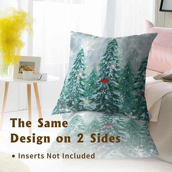 Winter Forest Throw Pillow Covers 18x18 Set of 2, Nature Pine Trees Birds Snow Woodland Decorative Pillow Cases Square Couch Cushion Cover for Sofa Couch Porch Patio Home Decor