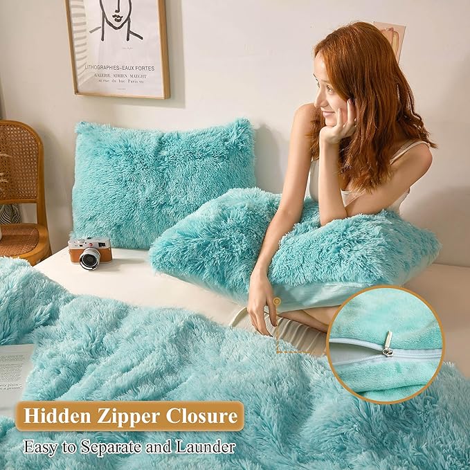 XeGe 2 Pieces Faux Fur Throw Pillow Covers, Shaggy Fluffy Cushion Covers, Cute Fuzzy Decorative Pillow Covers, Plush Furry Velvet Pillowcases for Bed Couch Living Room (18''x18'', Aqua Ombre)