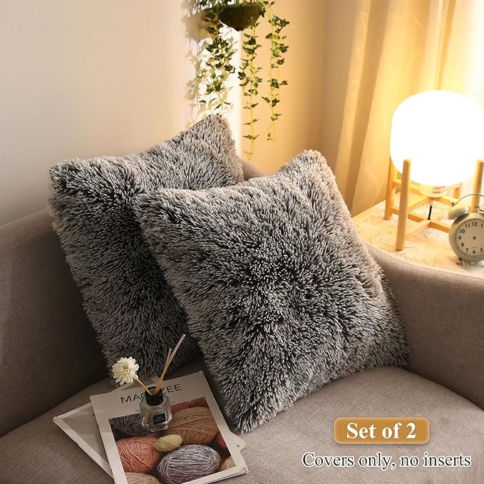 XeGe 2 Pieces Faux Fur Throw Pillow Covers, Shaggy Fluffy Cushion Covers, Cute Fuzzy Decorative Pillow Covers, Plush Furry Velvet Pillowcases for Bed Couch Living Room (18''x18'', Dark Gray Ombre)