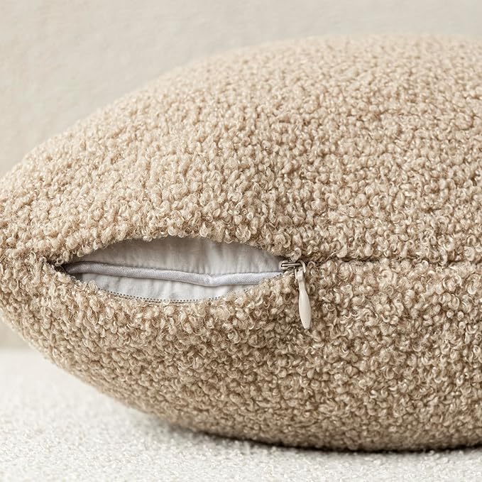 Foindtower Pack of 2, Curly Faux Fur Decorative Throw Pillow Covers Soft Fuzzy Plush Cushion Case with Zipper Cozy Pillowcase for Home Living Room Couch Bed Sofa 18 x 18 Inch,Taupe Khaki Camel