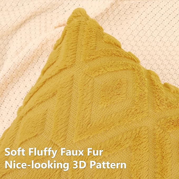 Pallene Mustard Yellow Throw Pillow Covers 24x24 Set of 2, Soft Plush Faux Fur Decorative Couch Pillow Covers for Sofa Bed Living Room Pillow Cases with 3D Diamond Pattern