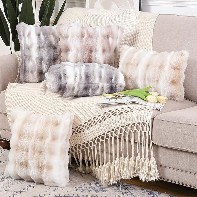 MADIZZ Pack of 2 Thick Plush Wool Throw Pillow Covers 18x18 Inch White Taupe Soft Neutral Decorative Throw Pillows Accent Boho Cushion Covers for Couch Sofa Bedroom Pillow Shell