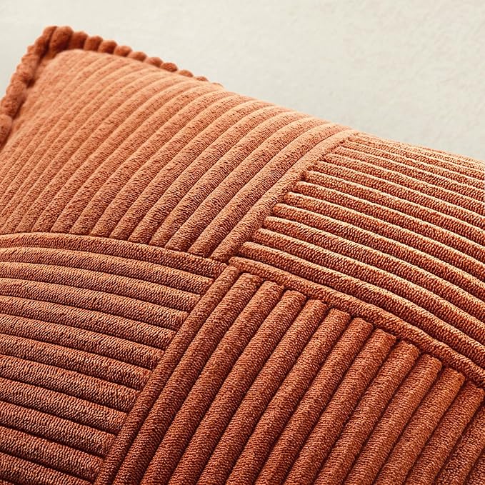 MIULEE Dark Rust Fall Decorative Lumbar Throw Pillow Covers for Couch Bed Livingroom 12x20 Inch Set of 2 Boho Accent Throw Pllows Broadside Striped Patchwork Soft Corduroy Pillowcases