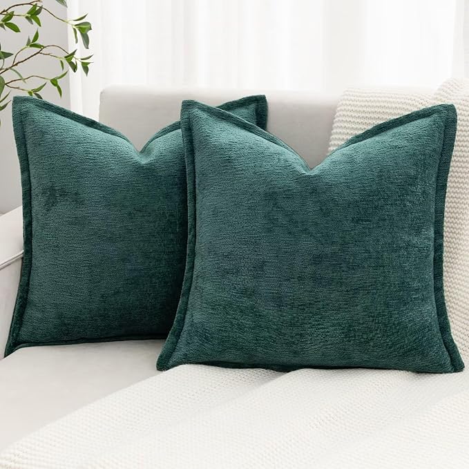 Green Decorative Throw Pillow Covers 24x24 Inch Set of 2 Cozy Soild Chenille Cushion Cases Soft Textured Square Couch Pillows Cover Boho Accent Farmhouse Pillowcases for Sofa Bed
