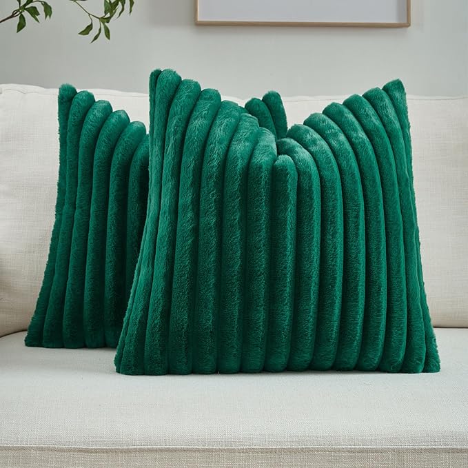 FUTEI Emerald Green Striped Decorative Throw Pillow Covers 20x20 Inch Set of 2,Square Winter Decorations Couch Pillow Case,Soft Cozy Faux Rabbit Fur & Velvet Back,Modern Home Decor for Bed
