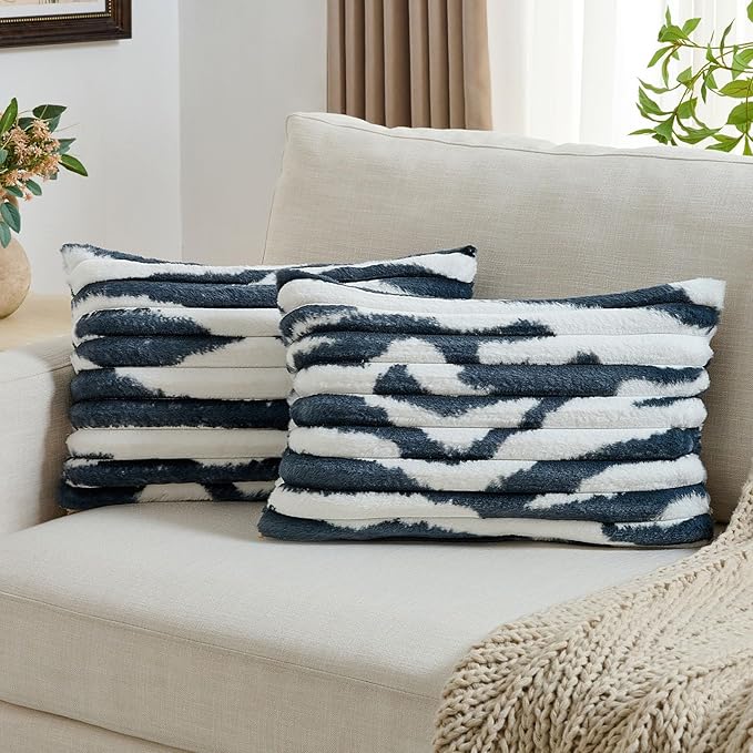 FUTEI Navy Blue Decorative Throw Pillow Covers 12x20 Inch Set of 2, Soft Tie-Dye Faux Rabbit Fur Striped Texture Pillow Case, Modern Home Decor for Couch Bed Living Room