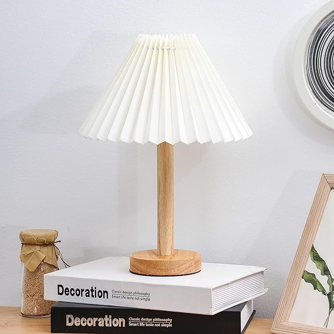 Zenply Small Table Lamp, Bedside Nightstand Mini Lamp for Bedroom Living Room Side Table Small Spaces, Pleated Aesthetic Vintage Lamp Warm White LED Bulb Included