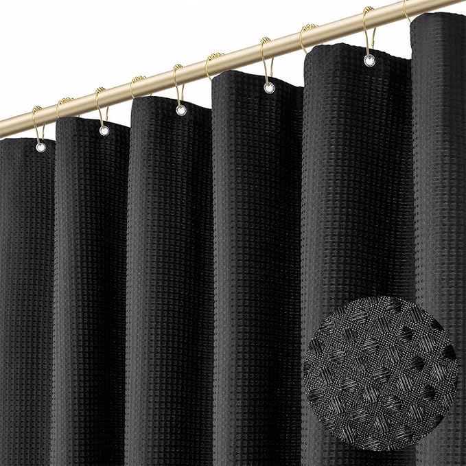 Boho Shower Curtain Set, Waterproof Fabric Shower Curtains, Luxury Hotel Style, Waffle Texture, Heavy Duty, Extra Long Bath Curtain, No Hook, Bathroom Decor, 72x84 Inch, Black