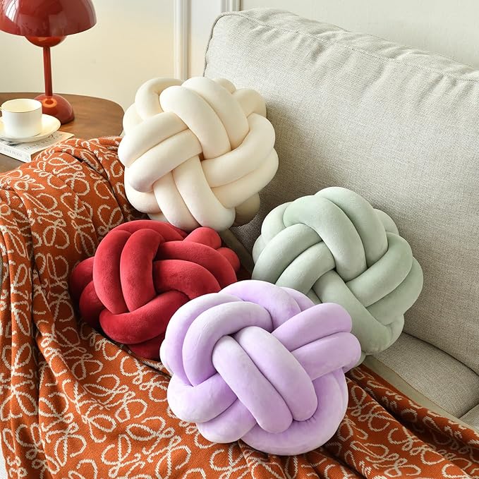 Knot Ball Pillow, Round Decorative Throw Pillows Cushion, 8 Inch Burgundy Soft Plush Knotted Pillows Pillow, Modern Home Throw Knot Decorative Cushion