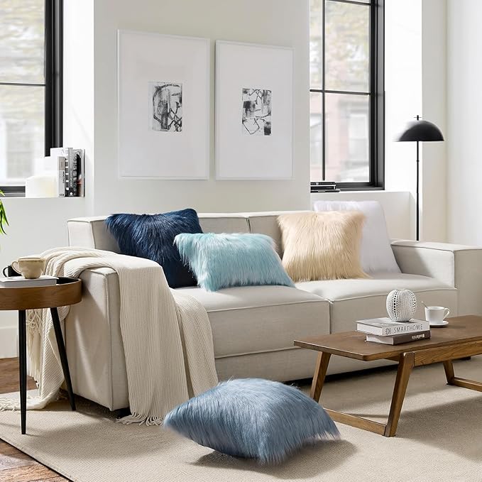 Phantoscope Faux Fur Pillow Cover Decorative Fluffy Throw Pillow Mongolian Luxury Fuzzy Pillow Case Cushion Cover for Bedroom and Couch, Blue 20 x 20 Inches