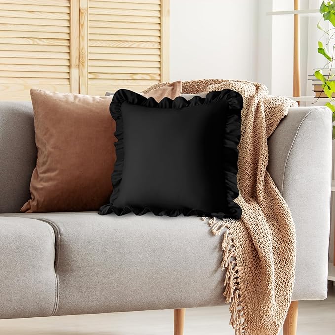 KKJIAF Ruffle Pillow Cases 24x24 Inches, Black Square Ruffled Pillow Covers Set of 2, Microfiber Wrinkle Resistant Pillow Shams with Envelope Closure for Sofa Bed Living Room