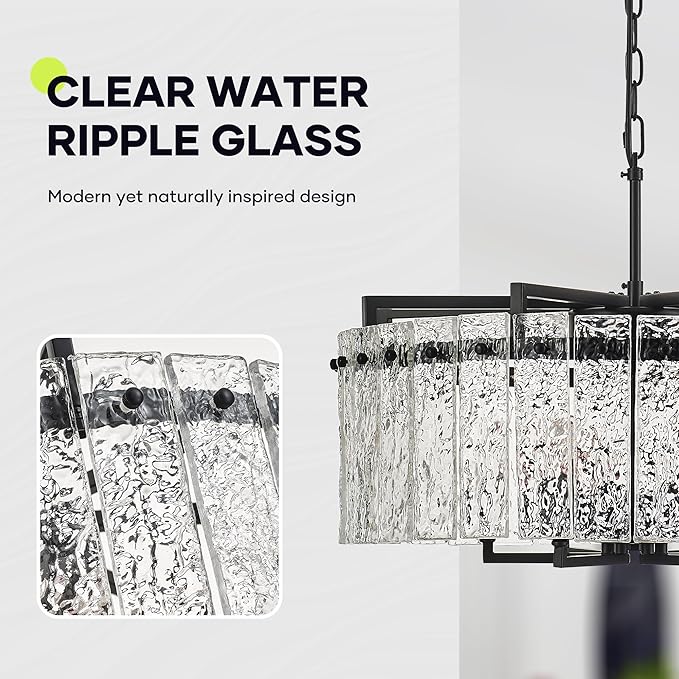 Black Crystal Chandeliers for Dining Room 6-Light, 22” Modern Water Ripple Glass Light Fixture, Farmhouse Round Lighting for Kitchen Island, Bar Table
