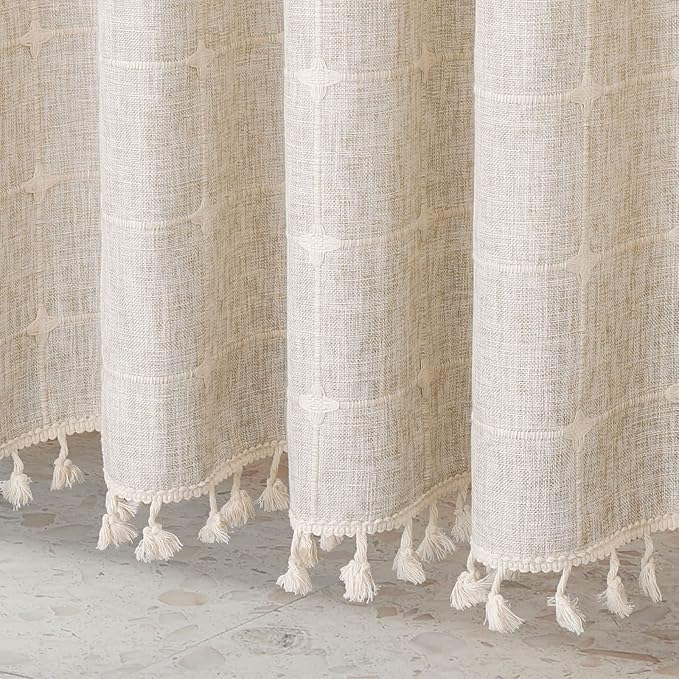 MitoVilla Grey Boho Extra Long Shower Curtain 72 x 84, Modern Farmhouse 84 inch XL Rustic Polyester Linen Tassel Heavy Duty Shower Curtain Set with Hooks for Cottagecore Country Bathroom Decor
