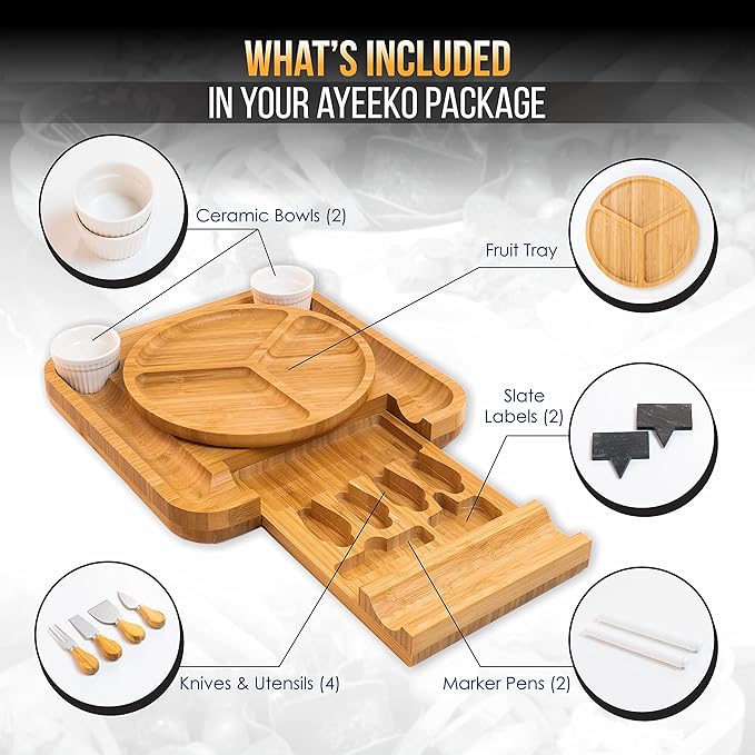 AYEEKO Bamboo Cheese Board & Knife Set, Wooden Charcuterie Board & Tray, House Warming Gift for Holidays, Birthdays, Bridal Showers, Anniversaries & Weddings