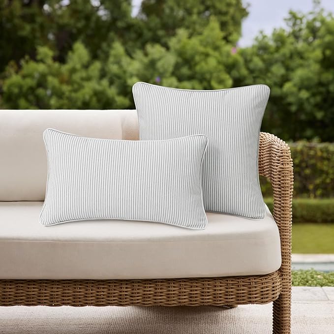 Decorative Outdoor Water Repellent Throw Pillows with Inserts, Set of 4, 20" x12" Pillows for Patio, Backyard, Bed, Couch, and Patio Furniture, Tan Stripe