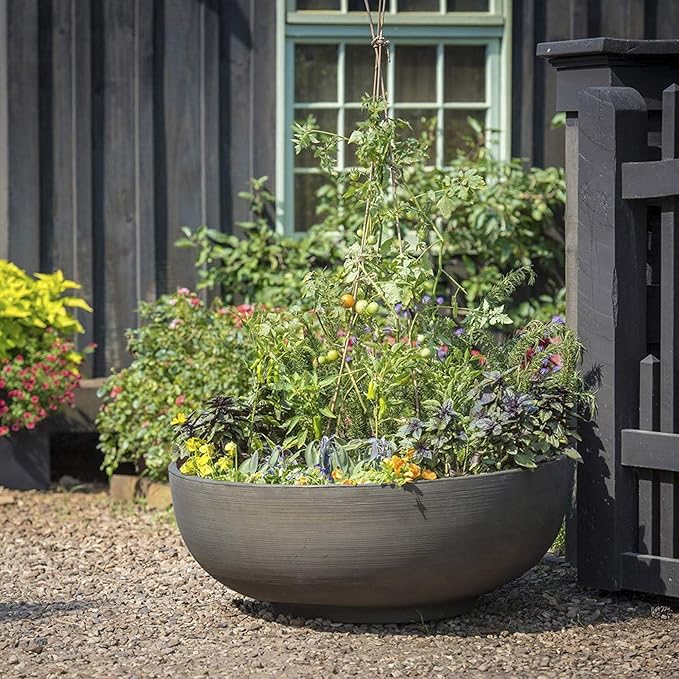 Crescent Garden Extra Large Outdoor Planter Bowl with Drain Hole for Water Gardens, Fountain, Landscaping - 40" W x 15" H (Caviar Black)