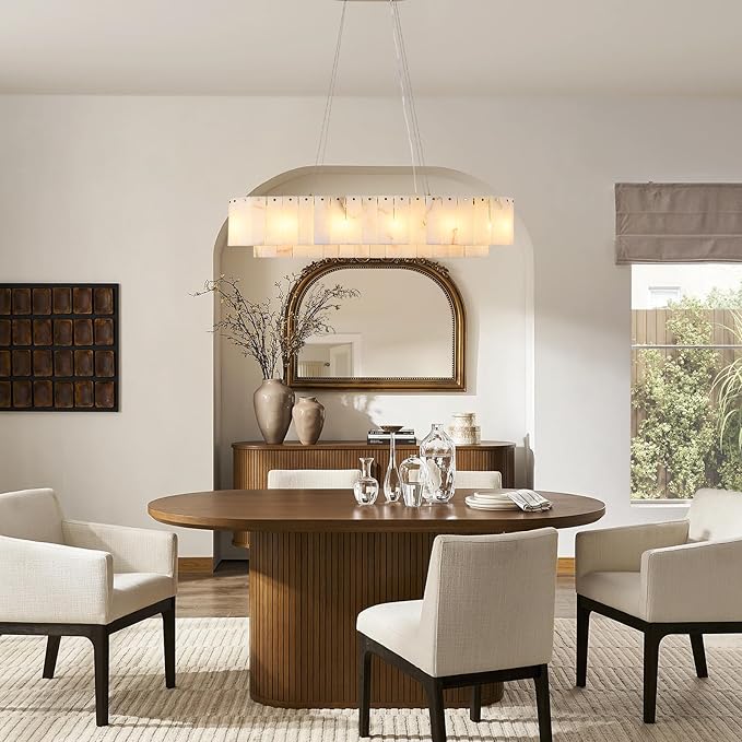 L40in Alabaster Rectangular Chandelier for Dining Room, Modern White Marble Oval Chandeliers for Kitchen Island, Rectangle Chandelier for Dining Table (Dimmable Bulbs INCL)
