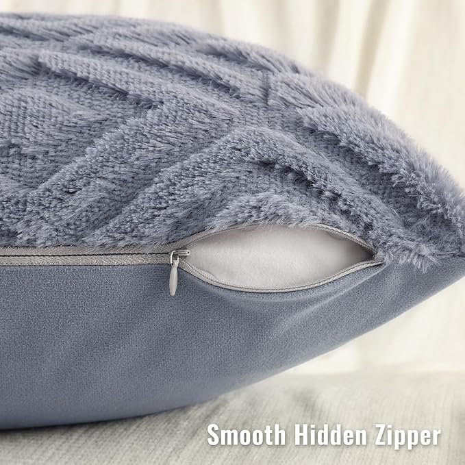 decorUhome Couch Throw Pillow Covers 18x18 Set of 2, Decorative Soft Plush Faux Wool Neutral Accent Pillow Covers for Bed Sofa Living Room, Blue Grey