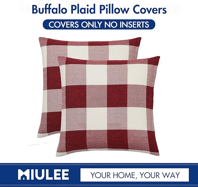 MIULEE Pack of 2 Christmas Classic Farmhouse Buffalo Check Plaids Polyester Linen Soft Solid White and Red Decorative Porch Throw Pillow Covers Home Decor Cushion Case for Sofa Bedroom 24 x 24 Inch