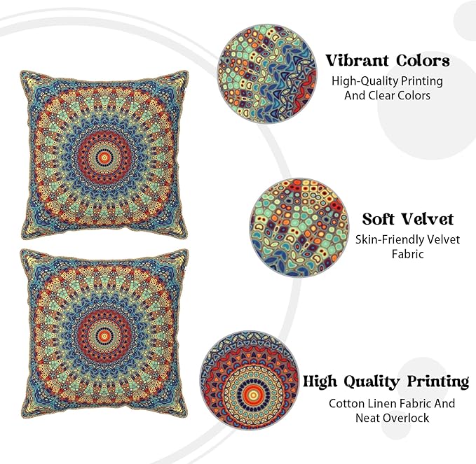 KSLIDS Boho Mandala Floral Soft Velvet Throw Pillow Covers Set of 2 Navy Blue Orange Flower Decorative Pillow Covers 18x18 Inch Abstract Retro Pillow Case for Sofa Couch Outdoor Modern Home Decor