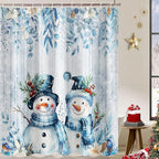 Blue Christmas Snowman Shower Curtain, Cute Winter Snowflake Snowman Poinsettia Floral Eucalyptus Leaves Decoration Xmas Shower Curtain for Bathroom, Fabric Holiday Bath Curtain Set with Hooks 72X72