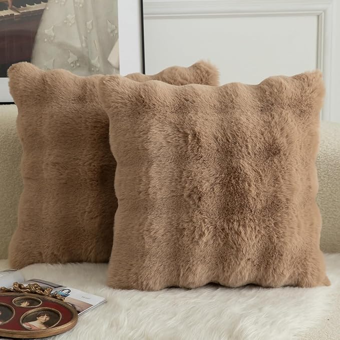 MANDIOO Pack of 2 Thick Plush Wool Decorative Throw Pillow Covers Super Soft Wave Bubble Fur Velvet Cushion Covers Pillow Shams for Couch Bed Living Room 18x18 Inch Camel