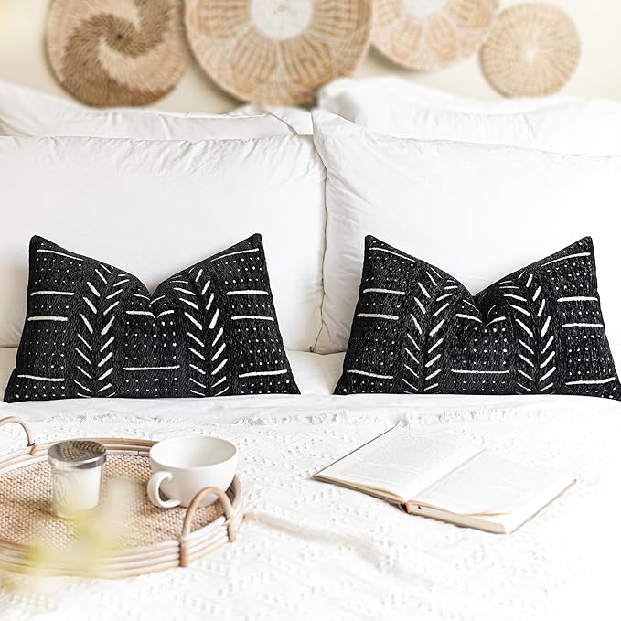BlissBlush Black Decorative Lumbar Throw Pillow Covers 12X20, Set of 2, Boho Farmhouse Cushion Cover, Soft Accent Pillowcase for Couch Sofa Bed Living Room Home Décor