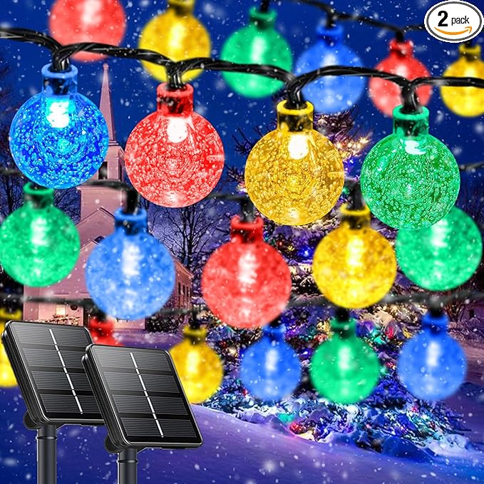Multicolor Solar Christmas String Lights Outdoor, 2-Pack 100 LED 64FT Crystal Globe Solar Lights Outdoor Waterproof with 8 Lighting Modes, Christmas Decorations for Xmas Tree Wedding Patio Party