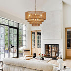 19.7" Hand-Woven Rattan Chandelier Vintage Farmhouse 6-Lights Boho Bamboo Chandeliers Light Fixture Retro Drum Wicker Rattan Golden Chandelier for Dining Room, Kitchen Island, Bedroom, E12