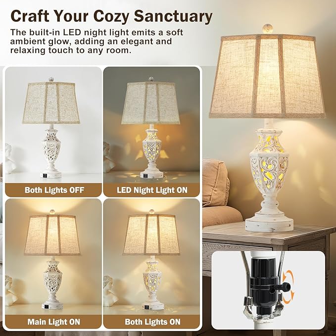 Lamps for Night Stands Set of 2-23.5" Boho Bedside Lamp with USB A+C and Nightlight - Cream Rustic Carved Resin Farmhouse Table Lamp for Bedrooms, End Tables, Living Room, Bulbs Included