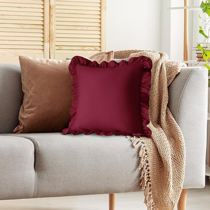 KKJIAF Ruffle Pillow Cases 18x18 Inches, Burgundy Square Ruffled Pillow Covers Set of 2, Microfiber Wrinkle Resistant Pillow Shams with Envelope Closure for Sofa Bed Living Room