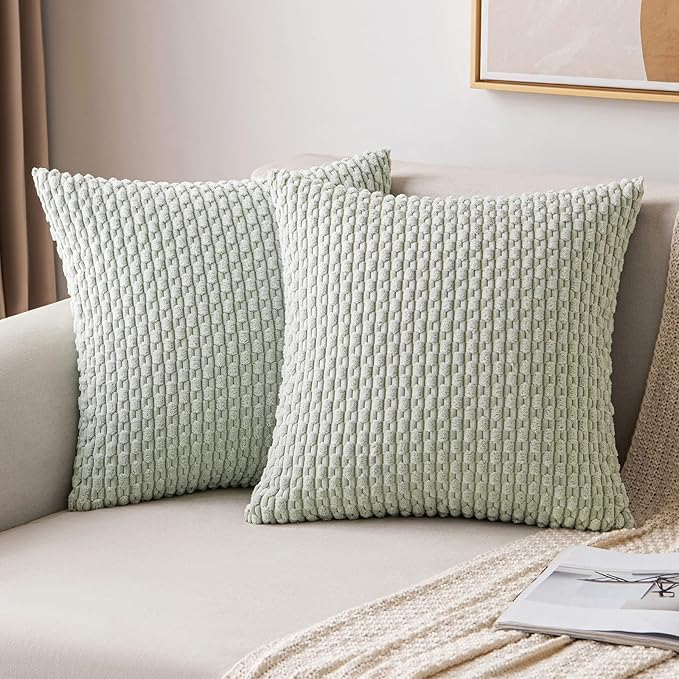 MIULEE Pack of 2 Decorative Throw Pillow Covers 20x20 Inch Soft Boho Striped Textured Corduroy Pillow Covers Modern Farmhouse Home Decor for Couch Bed Sofa Living Room Light Green