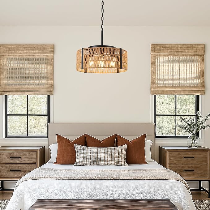 Rattan Chandelier,4-Light Chandeliers for Dining Room Hand Woven Rattan Light Fixture Farmhouse Chandelier for Kitchen Island Bedroom, Living Room, Entryway, Foyer (E26 Bulbs Not Included