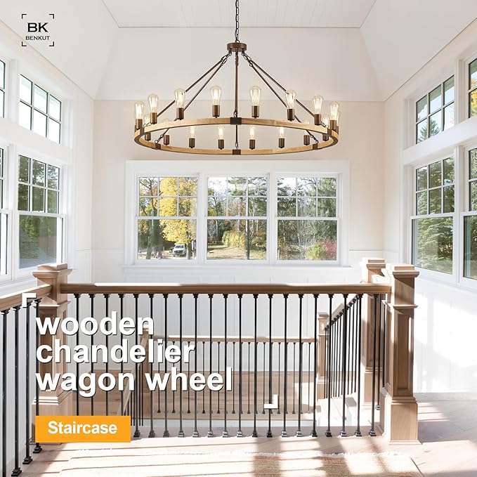 Farmhouse Wagon Wheel Chandelier 47" Wooden Rustic Light Fixtures 18-Light Wood Round Chandelier for Foyer Living Room Entryway Dining Room